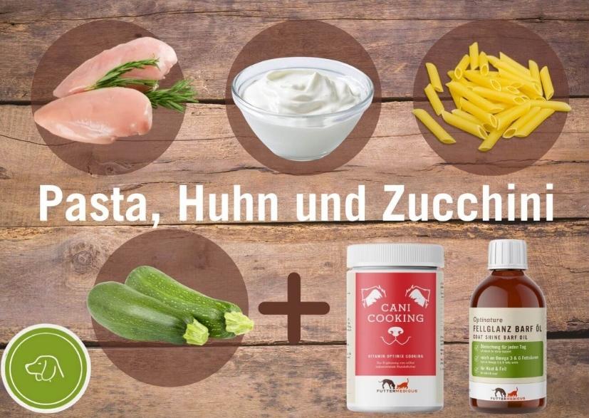 Pasta, Huhn, Zucchini, Quark, Vitamin Optimix Cooking und Fellglanz Barf Öl