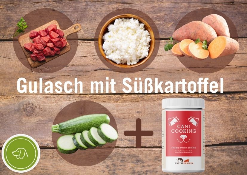 Gulasch mit Süßkartoffeln mit Vitamin Optimix Cooking für Hunde