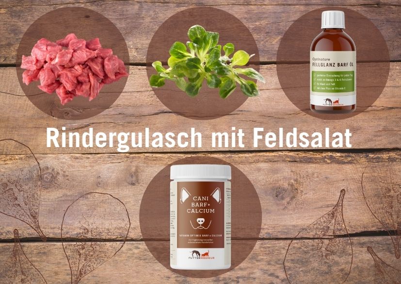 Rindergulasch mit Feldsalat mit Vitamin Optimix Cani Barf plus Calcium für Hunde